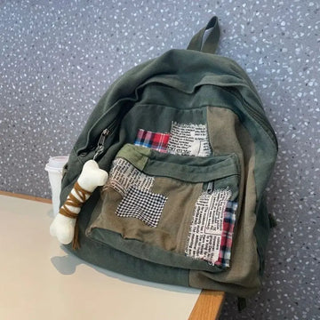 Qfdian Patchwork Vintage Y2k Aesthetic Canvas Bags Grunge Simple Japanese Students Backpacks Women All Match Trendy Pendant Schoolbags